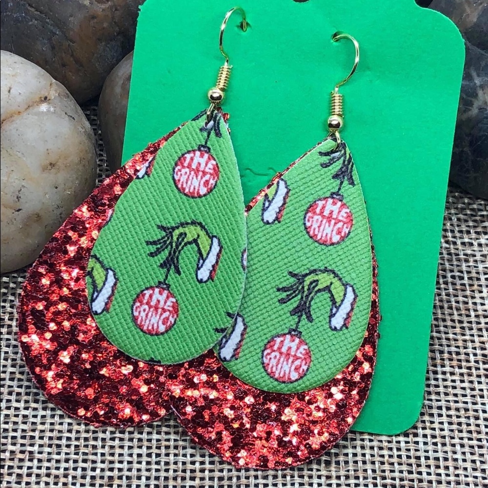 Christmas Grinch Teardrop Faux Leather Earrings